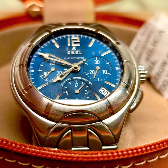 Rare "Blue Face" EBEL E-Type Men's Chronograph Model 9137C51/6316 Skeleton Back - Picture 5 of 16